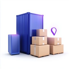 Obraz premium A blue shipping container next to cardboard boxes on pallets, with a location pin icon, representing logistics and storage solutions.