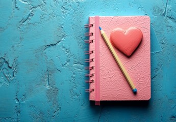A pink heart-shaped notebook with a pencil on a blue background