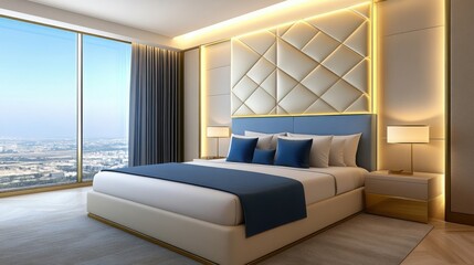 spacious master bedroom, king-sized bed, silk bedding, panoramic windows