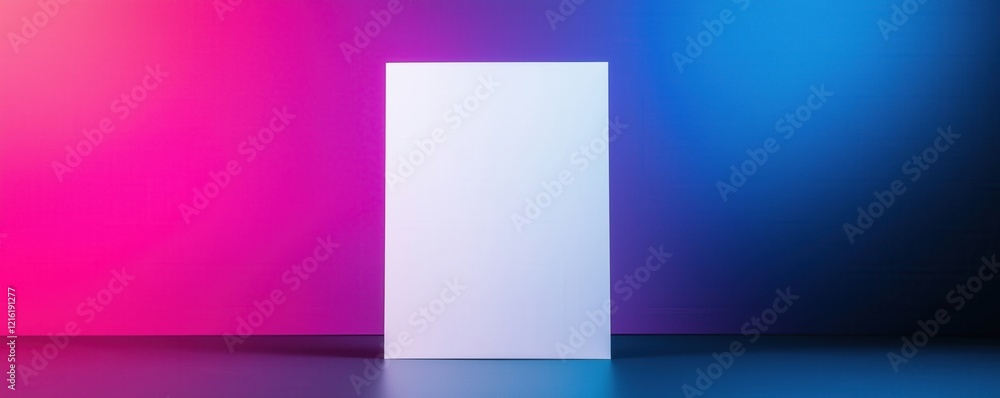 Poster a blank canvas stands against a vibrant gradient background, transitioning from pink to blue, creati