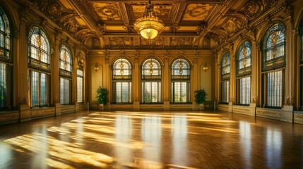 Obraz premium Grand Ballroom with Intricate Gold Details and Large Windows creating a Majestic Scene