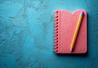 A pink heart-shaped notebook with a pencil on a blue background