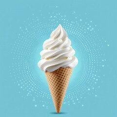 A delicious, swirled vanilla ice cream cone against a vibrant blue background, radiating a refreshing vibe.