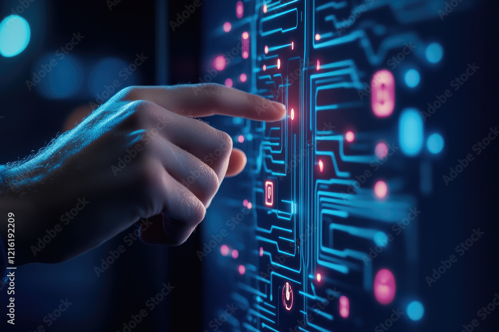 Poster interactive technology interface digital workspace user engagement futuristic environment close-up v