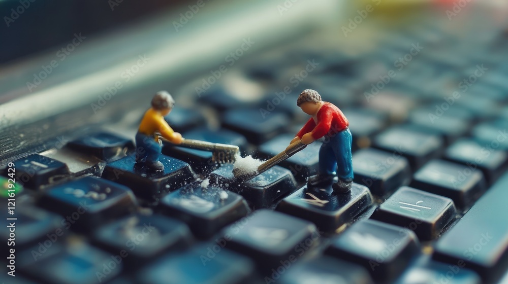 Aufkleber Miniature characters meticulously cleaning dust off a computer keyboard with tiny tools, adding charm and creativity to the idea of office maintenance