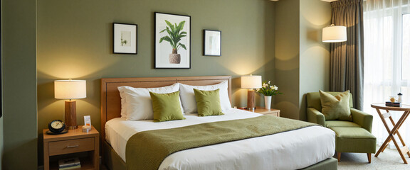 Cozy hotel room with tropical decor and soft lighting, modern elegance