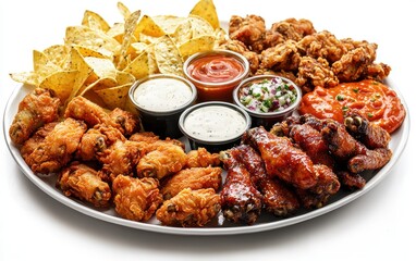 Fototapeta premium Classic Super Bowl party platter mockup with crispy chicken wings, nachos, and dipping sauces, isolated on bright white background