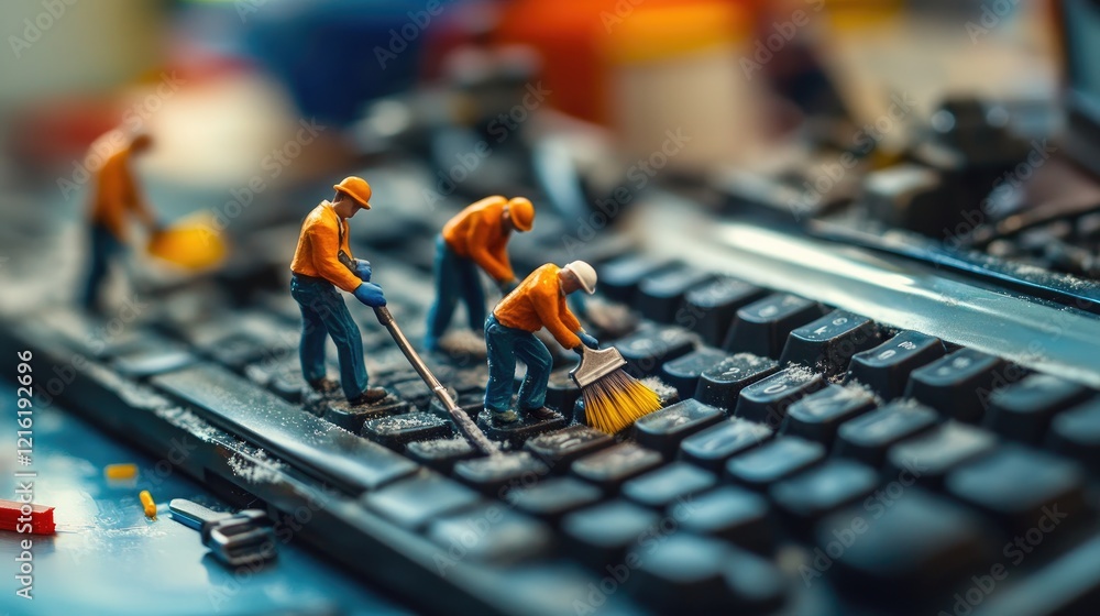 Poster miniature workers cleaning a dusty keyboard with tiny brushes and tools, highlighting attention to d