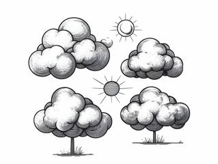 Hand-drawn clouds and stylized trees with suns, creating a whimsical illustration.