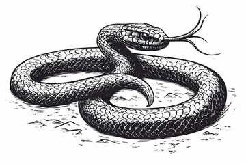 Obraz premium Detailed Ink Illustration of Coiled Snake Flicking Tongue on a Textured Surface