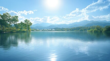 Naklejka premium Serene Lakeside Vista with Mountain Range and Bright Sunlight