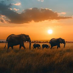 African Sunset Serenade:  A family of elephants, silhouetted against a fiery sunset, walks across the savanna, their powerful forms casting long shadows as they journey through the golden light.  