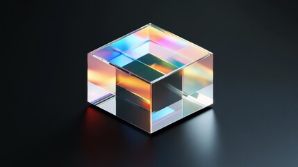 Iridescent Glass Cube Reflecting Rainbow Hues Dark Background