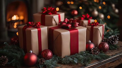 Beautifully wrapped Christmas gifts with red ribbons and ornaments placed on a rustic wooden table, creating a festive holiday atmosphere