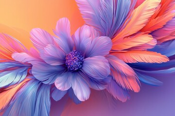 Obraz premium 3D render of a colorful abstract background with flowers and feathers, featuring a purple, orange, blue, and pink color palette.