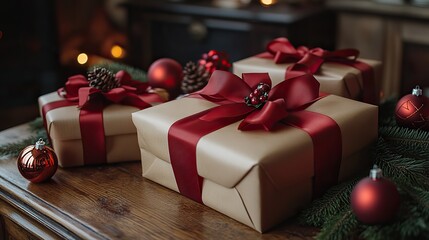 Beautifully wrapped Christmas gifts with red ribbons and ornaments placed on a rustic wooden table, creating a festive holiday atmosphere
