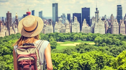 Tourist admires NYC skyline from Central Park