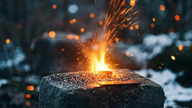 Sparks fly as blacksmith shapes metal at a forge in a forest during winter twilight