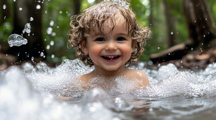 Obraz premium A Happy Child Playing in a Forest Stream: Joyful Moments in Nature