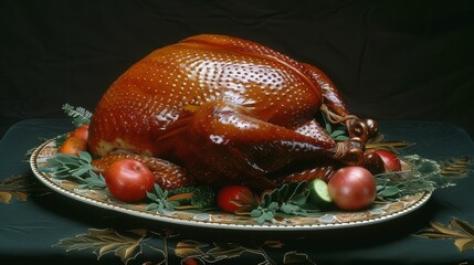 A stunningly roasted turkey surrounded by vibrant vegetables and fresh herbs for a holiday feast
