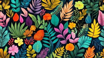 Vibrant, stylized tropical foliage pattern on dark background