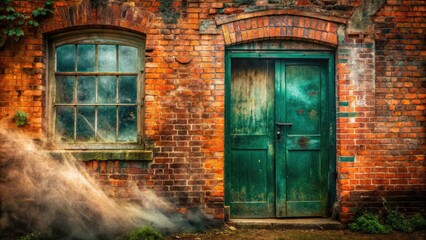 Weathered green door and red brick building merge in a surreal double exposure photograph.