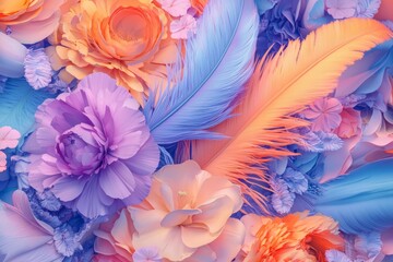 3D render of a colorful abstract background with flowers and feathers, featuring a purple, orange, blue, and pink color palette.
