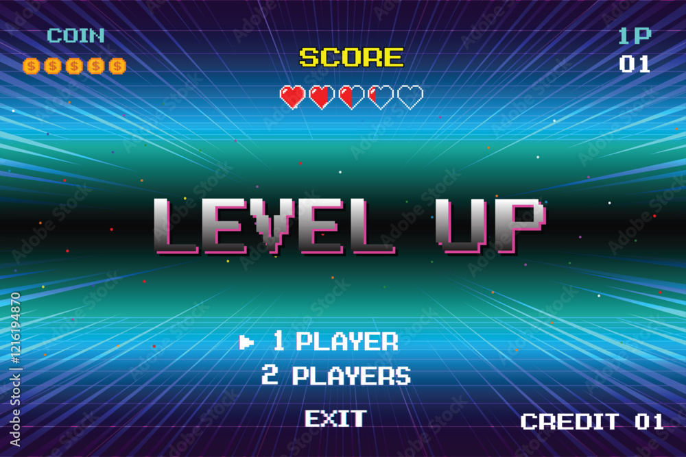 Poster level up. pixel art background. 8 bit game. retro game. for game assets in vector illustrations. ret