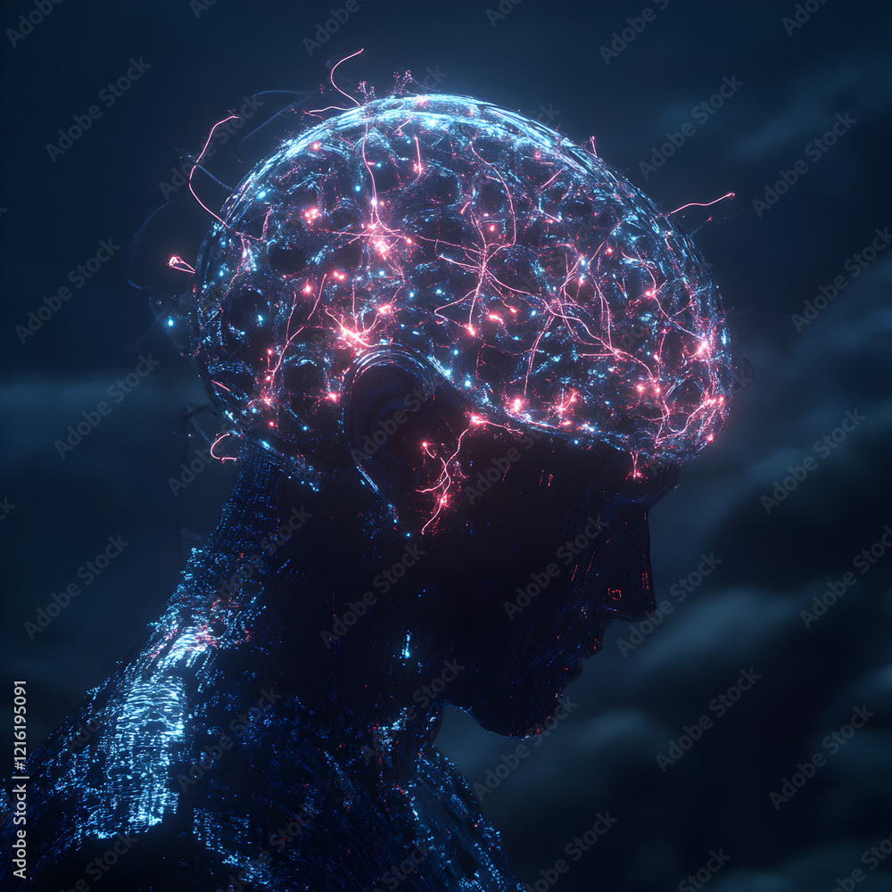 Poster neural network: an intricate network of glowing, pink and blue lines and nodes pulsate across the su