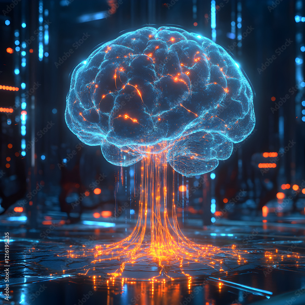 Poster digital brain: a mesmerizing digital rendering of a brain, depicted as a glowing network of nodes an