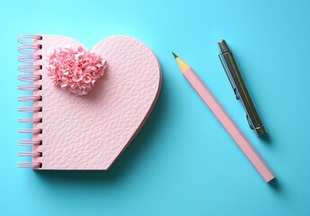 A pink heart-shaped notebook with a pencil on a blue background