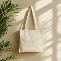 Eye-level shot, a straight-ahead view of a blank, ivory-white tote bag hanging from the wall with no wrinkles or creases on a cream-beige wall in an office setting. A minimalist, b