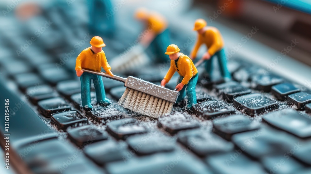 Poster small-scale workers cleaning dust from a keyboard with mini brushes and tools, representing a whimsi