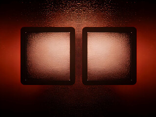 Two Frosted Glass Panels Glow with Red Light on a Textured Wall