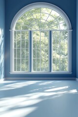 Fototapeta premium A dance studio with blue walls and large windows. Light is coming in from the windows, and the floor is painted white. 