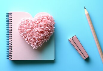 A pink heart-shaped notebook with a pencil on a blue background