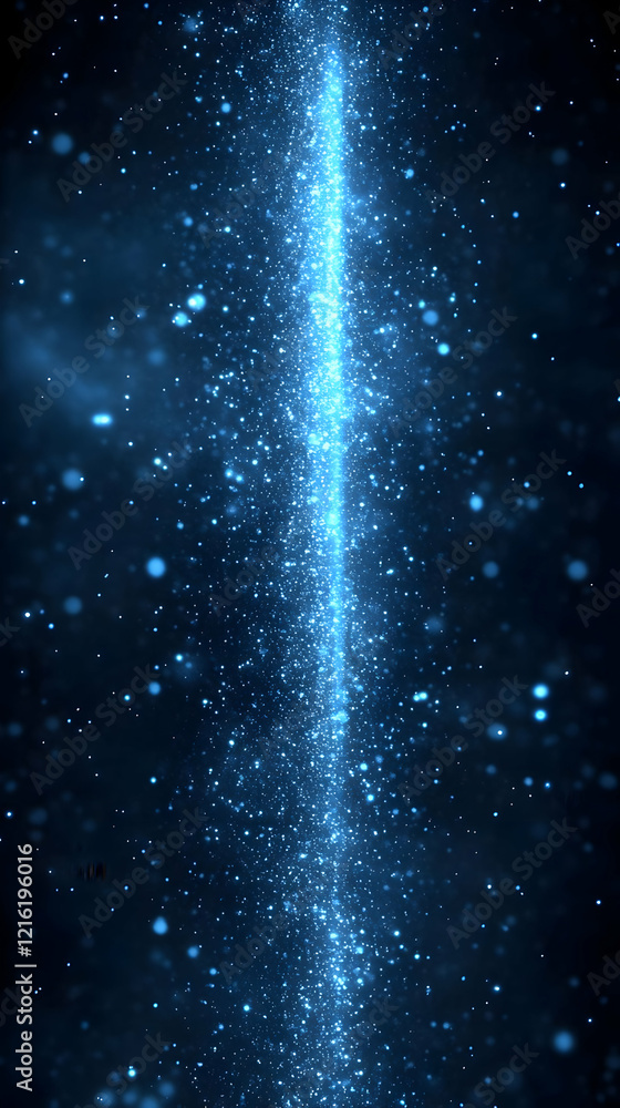 Aufkleber blue glitter sparkles flow vertically with soft bokeh effect on a dark background.