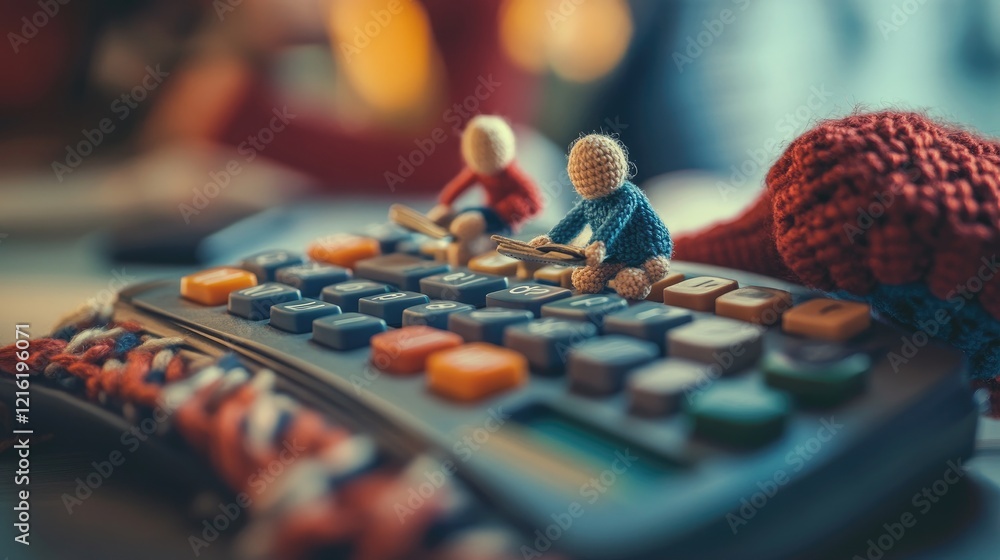 Poster tiny knitted figures typing on a calculator, working in a creative office environment, illustrating 