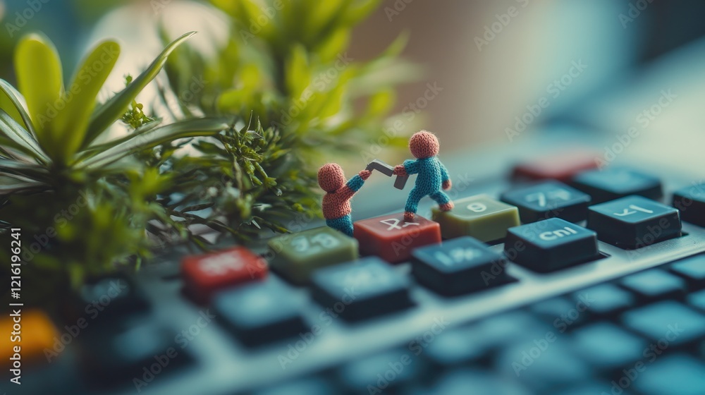 Poster tiny, knitted people interacting with a calculator keyboard, working together to solve a financial t