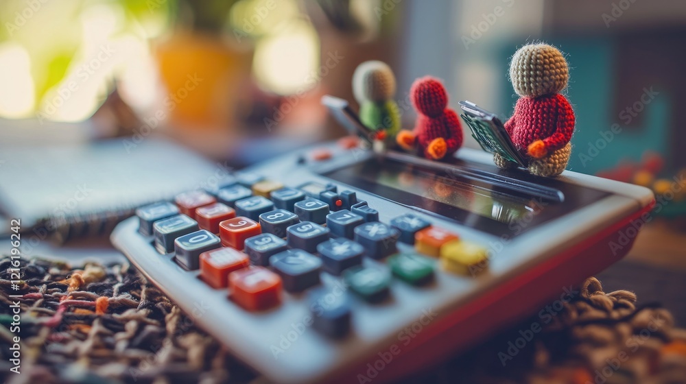 Poster tiny knitted figures typing on a calculator, working in a creative office environment, illustrating 