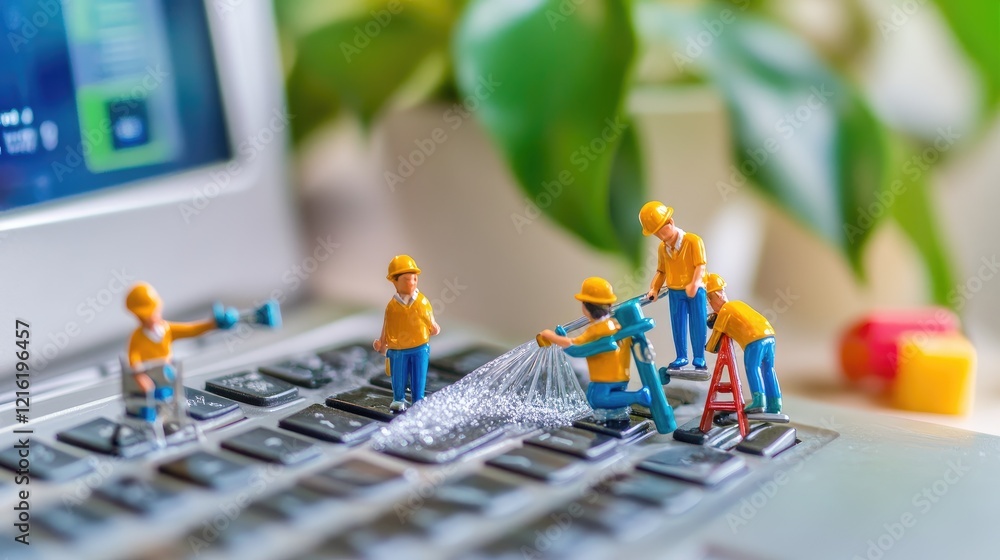 Aufkleber Tiny workers scrubbing a keyboard with miniature tools, ensuring a clean workspace in a fun and imaginative way, creating a playful office scene