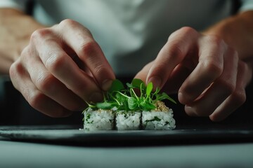 Chef delicately placing microgreens on sushi rolls, showcasing culinary artistry and attention to detail.