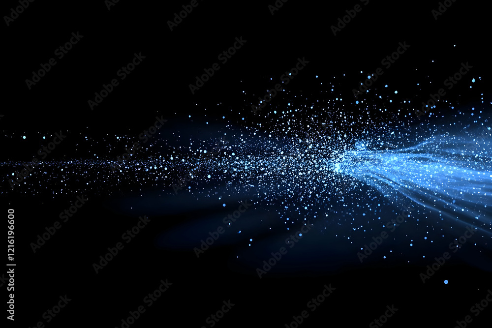 Poster abstract blue particles flow across black background dynamically with grace and elegance