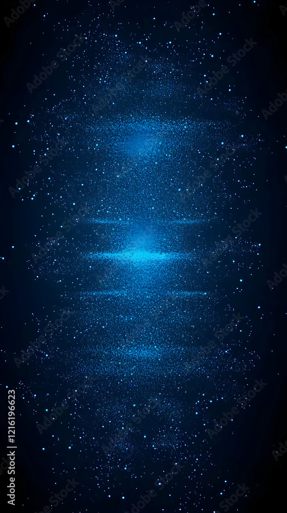 Poster abstract background with blue particles glowing intensely and dramatically in the dark space.