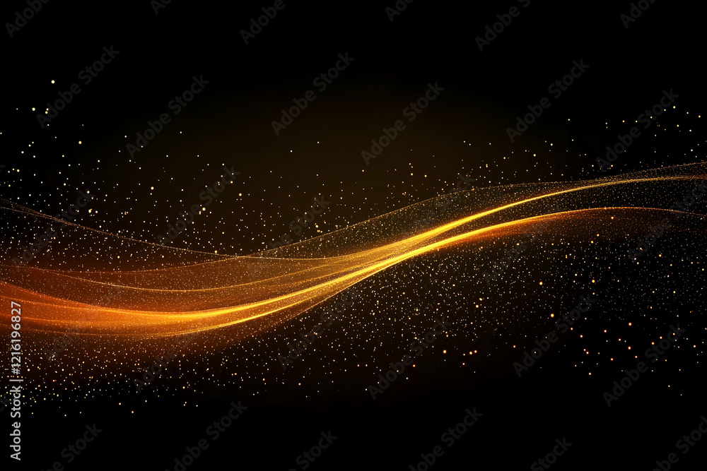 Poster abstract golden wave flows smoothly with particles on a dark background