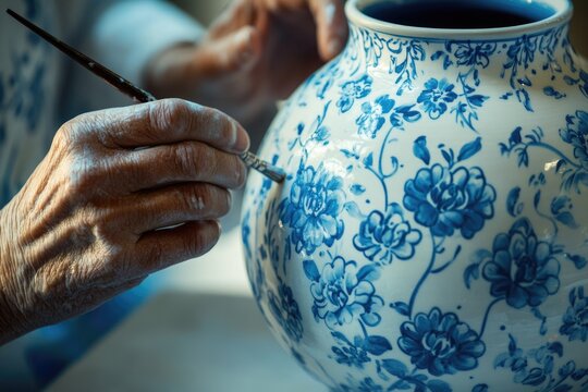 A skilled artisan meticulously hand-paints delicate blue floral patterns onto a porcelain vase.