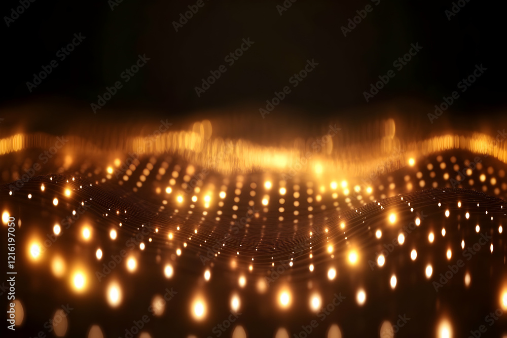 Aufkleber abstract golden glowing particles waves flow smoothly with bokeh effect dark background.
