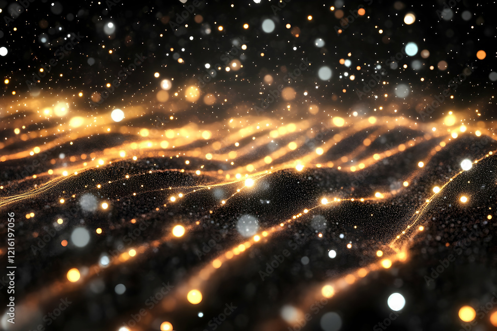 Aufkleber golden particles flowing over black wavy surface with bokeh effect background abstractly.