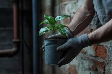 A person's hands gently hold a small sapling in a rustic tin can against a brick wall.