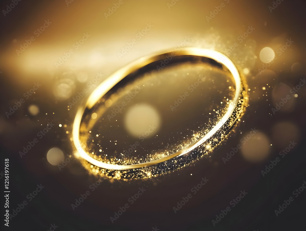 Aufkleber golden ring with glitter sparkles elegantly floats in dark background with soft bokeh effect
